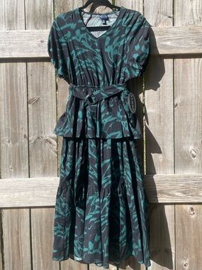 Scoop Black and Teal Printed Midi Dress with Belt Size S NWT